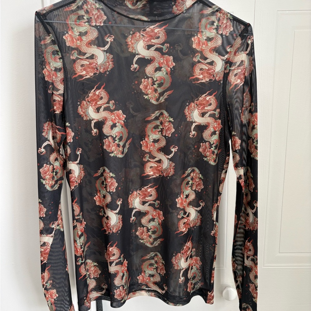 Twik Black Sheer Top with Red Dragon Print